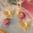 Faux Pearl Butterfly & Rose Dangle Earring 0517a - 1 Pair - Gold - One Size