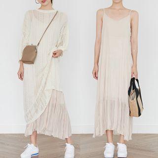 V-neck Midi Spaghetti Strap Dress / Pointelle Long-sleeve Knit Top / Set