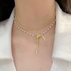 Layered Bow Pearl Choker Necklace Gold - One Size