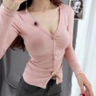 Buttoned Long-sleeve V-neck Top