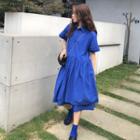 Elbow-sleeve A-line Midi Dress Blue - One Size