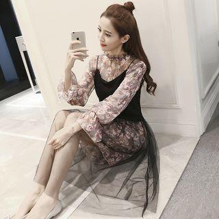 Set: Floral Print Long Sleeve Chiffon Dress + Mesh Hem Slipdress