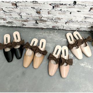 Square-toe Bow-accent Low-heel Mules