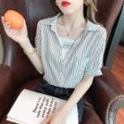 Mock Two-piece Short-sleeve Lettering Striped Blouse