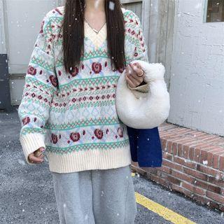 Long-sleeve V-neck Printed Knit Sweater Almond - One Size