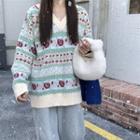Long-sleeve V-neck Printed Knit Sweater Almond - One Size