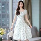Square Neck Puff Sleeve Dotted A-line Dress
