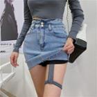 Long-sleeve Asymmetric Top / Denim Skirt