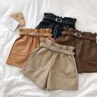 Plain High-waist Faux Leather Wide-leg Shorts With Belt