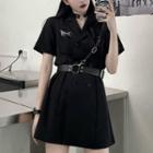 Short-sleeve Mini A-line Blazer Dress With Belt