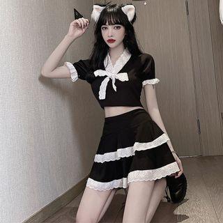 Set: Short-sleeve Lace Trim Bow Crop Top + Mini A-line Skirt