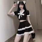 Set: Short-sleeve Lace Trim Bow Crop Top + Mini A-line Skirt