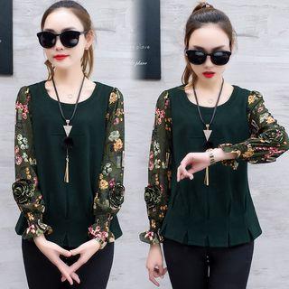 Pleated Hem Long Sleeve Chiffon Blouse