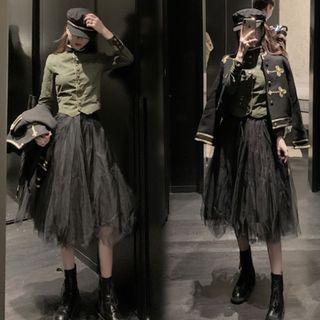 Slim-fit Crop Shirt / Contrast Trim Button Knit Jacket / Mesh Midi A-line Skirt