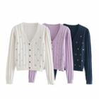 Long Sleeve V-neck Floral Embroidered Pointelle Knit Cardigan