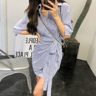 Striped Elbow-sleeve Wrap Shirtdress Stripes - Blue - One Size