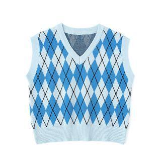 Argyle Knit Vest Rhombus - Blue & Light Blue - One Size