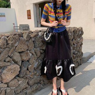 Color-block Striped Cropped Top / High-waist Two Tone Split A-line Skirt