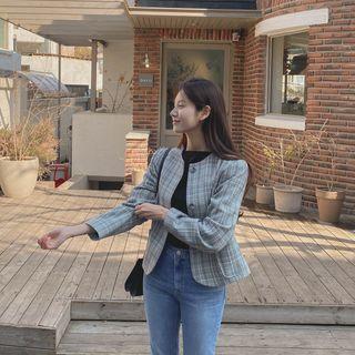 Button-down Plaid Jacket Black - One Size