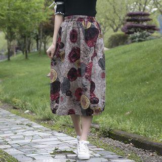 Printed Midi Skirt No.113 - Red & Yellow & Gray - One Size