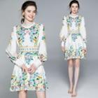 Floral Print Lantern-sleeve Mini A-line Dress