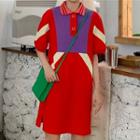 Elbow-sleeve Color Block Mini Polo Dress As Shown In Figure - One Size