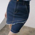 Frayed Cutout-hem Denim Mini Skirt