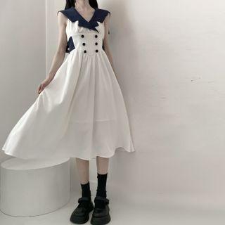 Set: Color Panel Sleeveless Navy Waist Lapel Dress