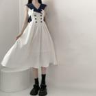 Set: Color Panel Sleeveless Navy Waist Lapel Dress