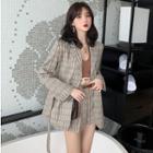 Plaid Blazer / Plaid Wide Leg Shorts / Lettering Camisole