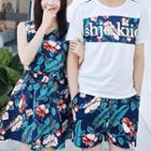 Couple Matching Floral Print Short-sleeve T-shirt / Shorts / Set: Sleeveless Top + Skirt