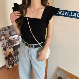 Ruffle Trim Buttoned Sleeveless Knit Top