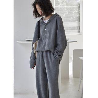 Set: Button Neck Hoodie + Sweatpants Dark Gray - One Size