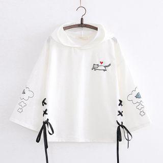 Printed Lace Up Hooded Long-sleeve T-shirt