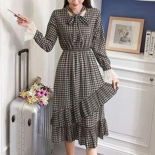 Long-sleeve Frill-trim Plaid Midi Dress