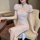 Short-sleeve Plaid Rhinestone Fringe Midi Qipao
