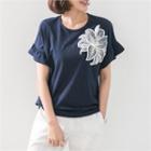 Ruffle-sleeve Flower Print T-shirt