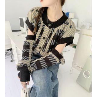 Set: Short-sleeve Plaid Cardigan + Arm Sleeves Black - One Size