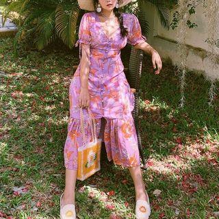 Short Sleeve Floral Print V-neck Buttoned A-line Dress