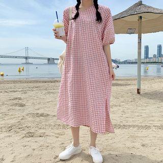 Puff-sleeve Long Gingham Dress