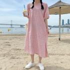 Puff-sleeve Long Gingham Dress