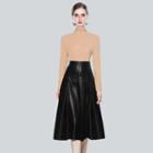 Set: Mock-neck Knit Top + Faux Leather Midi A-line Skirt