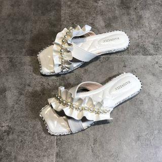 Crisscross Faux Pearl Flat Slide Sandals