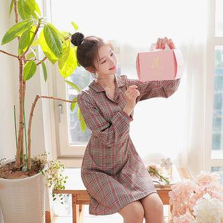 Long-sleeve Check Mini Shirtdress Red - One Size