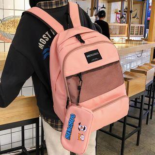 Set: Fishnet Paneled Backpack + Cartoon Print Pouch