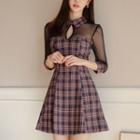 3/4-sleeve Mini Plaid A-line Dress