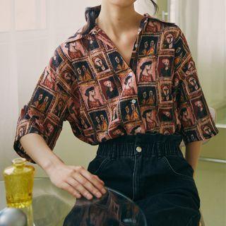 Short-sleeve Floral Print Shirt Retro Portrait - One Size