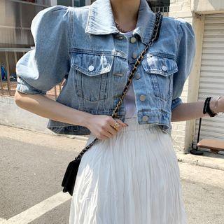 Puff-sleeve Cropped Denim Jacket Light Blue - One Size