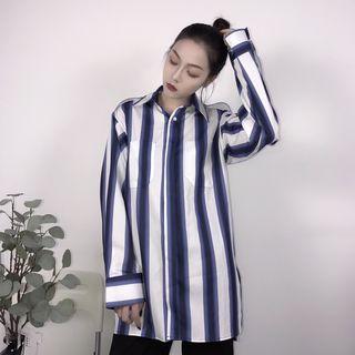 Striped Long-sleeve Long Shirt Shirt - One Size