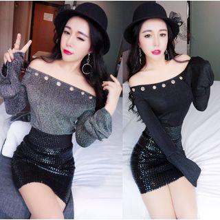 Off-shoulder Bell-sleeve Glitter Top